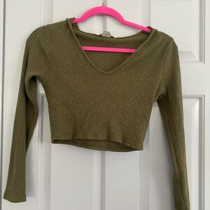 Olive Green Ribbed V-Neck Women's hooded Top